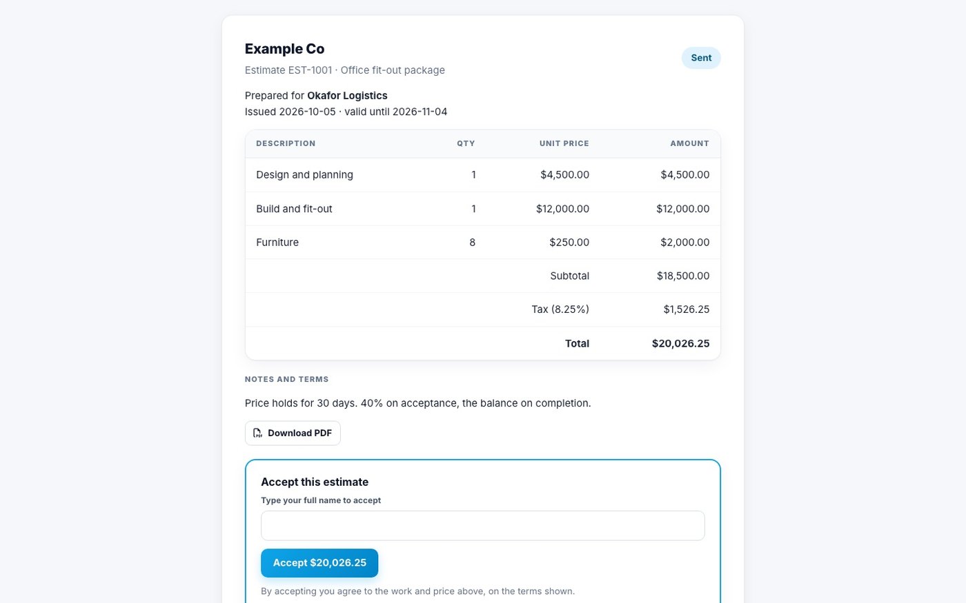 The page where a customer accepts an estimate online