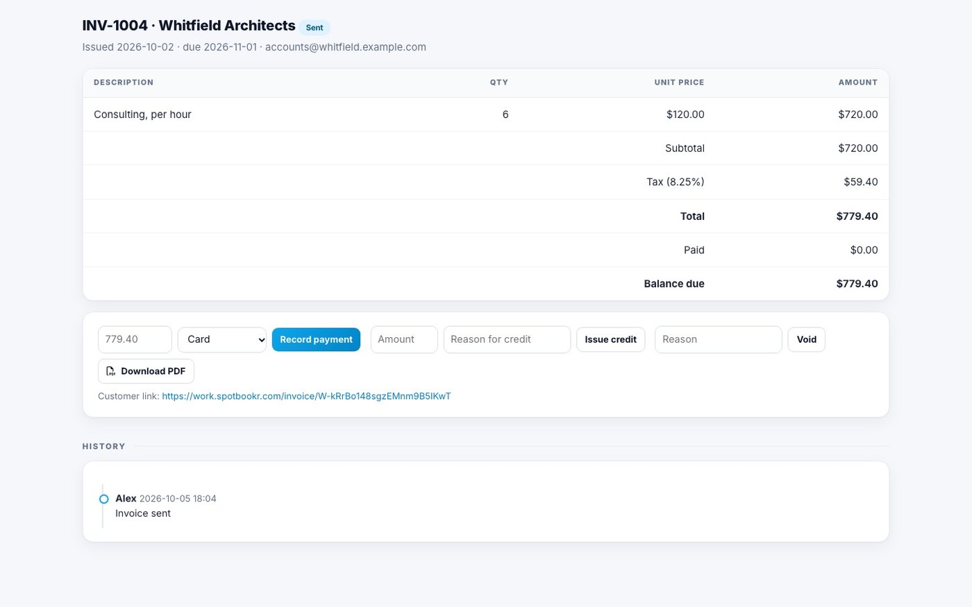 An invoice in Spotbookr Invoicing
