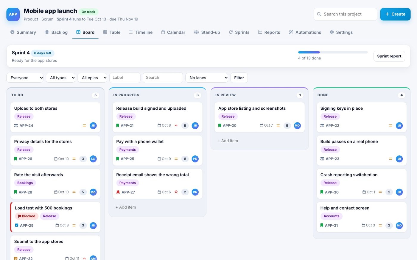 A sprint board in Spotbookr Project Management