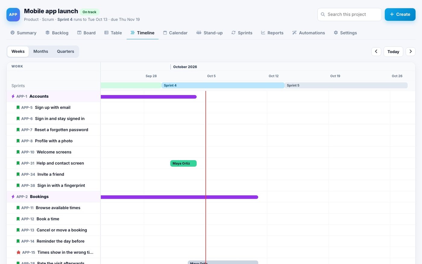 A project timeline in Spotbookr Project Management
