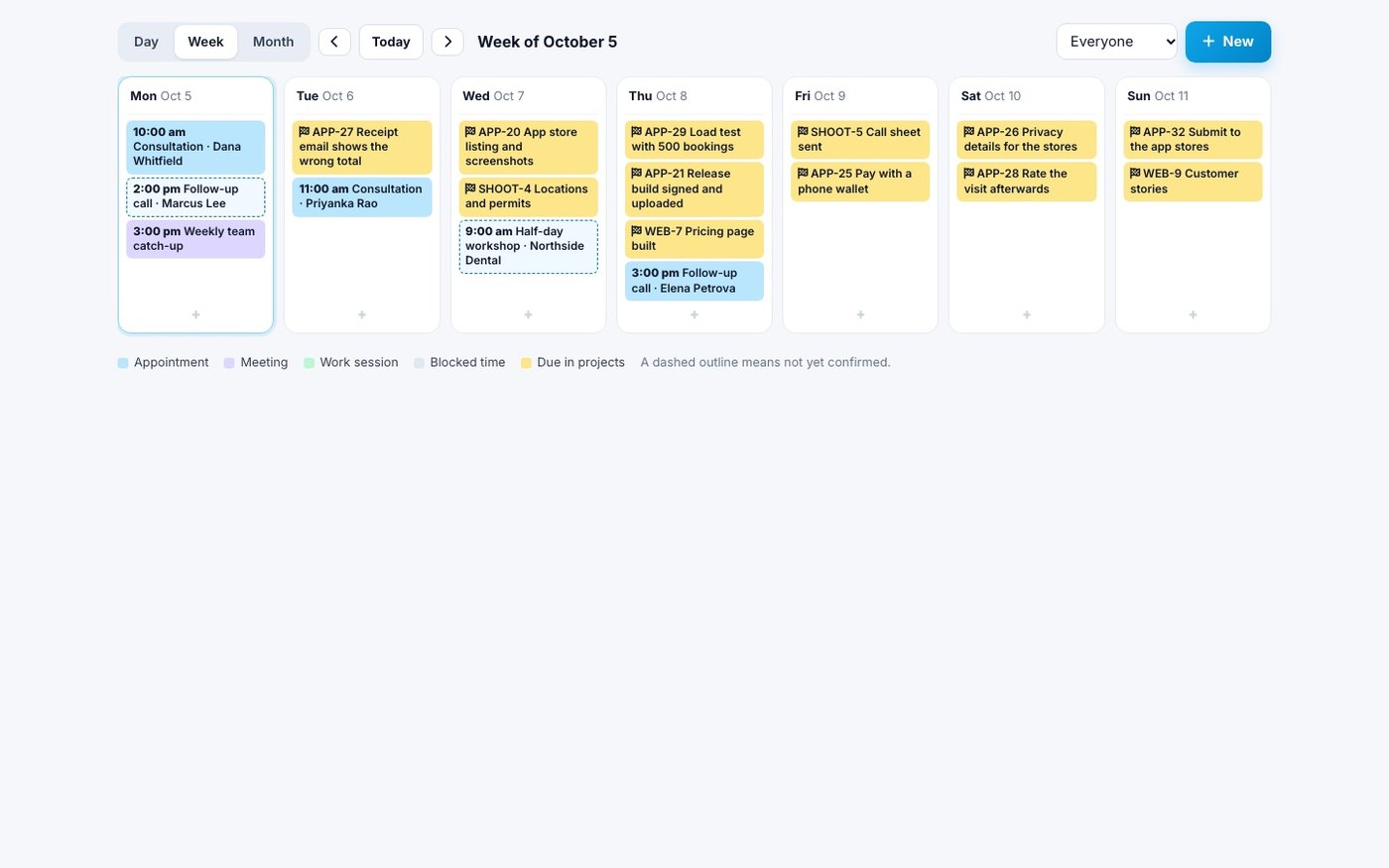 The week view in Spotbookr Scheduling
