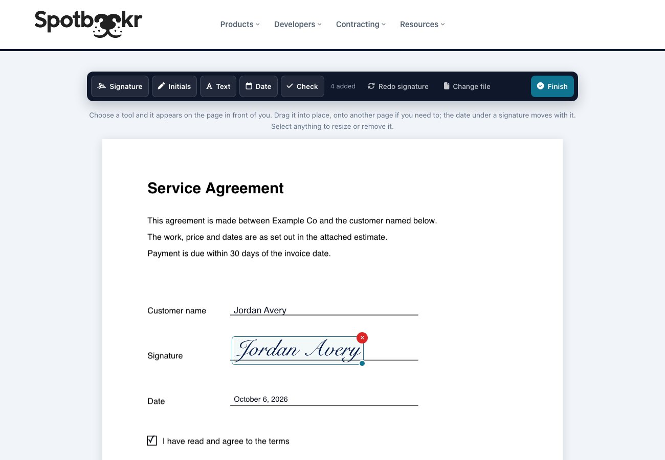 Signing a service agreement with Spotbookr Free Document Signing