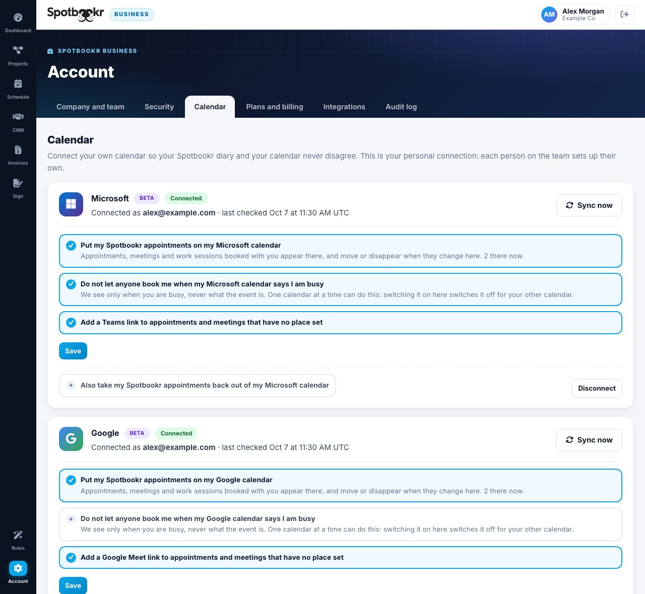 The Calendar page in Spotbookr Business, with a Microsoft Outlook calendar connected