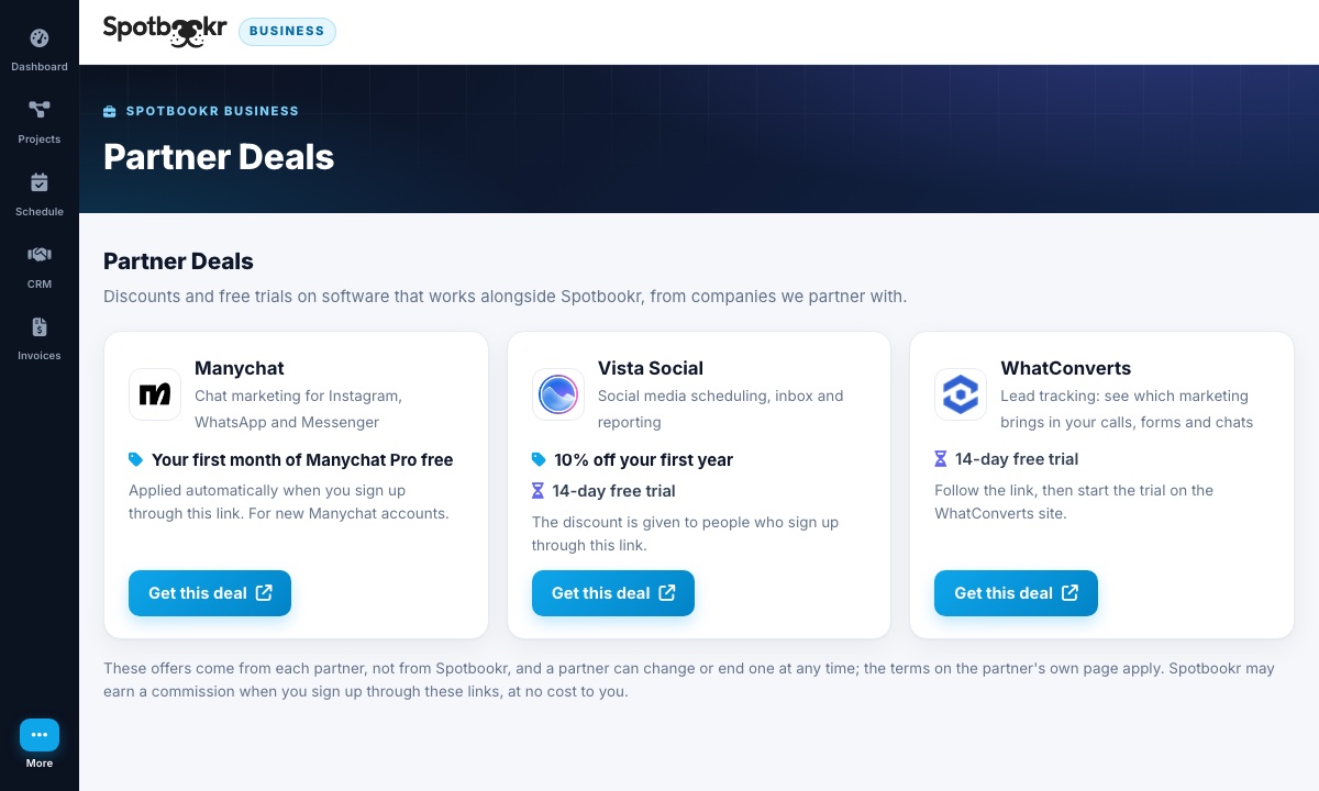 The Partner Deals page in Spotbookr Business, showing offers from Manychat, Vista Social and WhatConverts