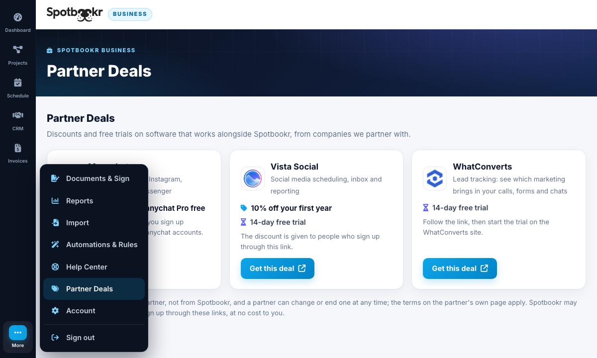 The More menu in Spotbookr Business, open on Partner Deals, with offers from Vista Social and WhatConverts behind it