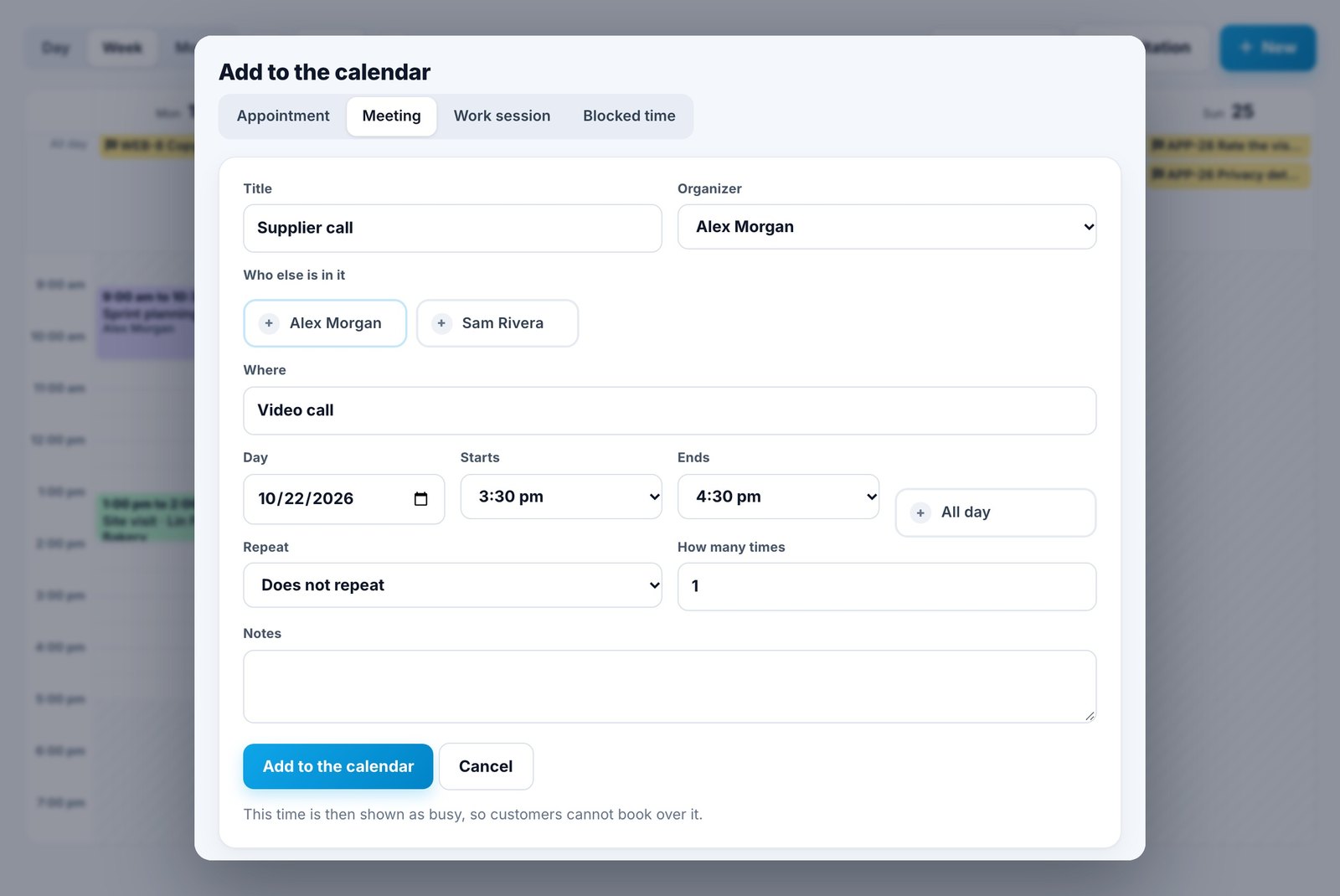 The add panel open over the calendar for a meeting, with the day, start and end times filled in from the time that was clicked, and colleagues to tag