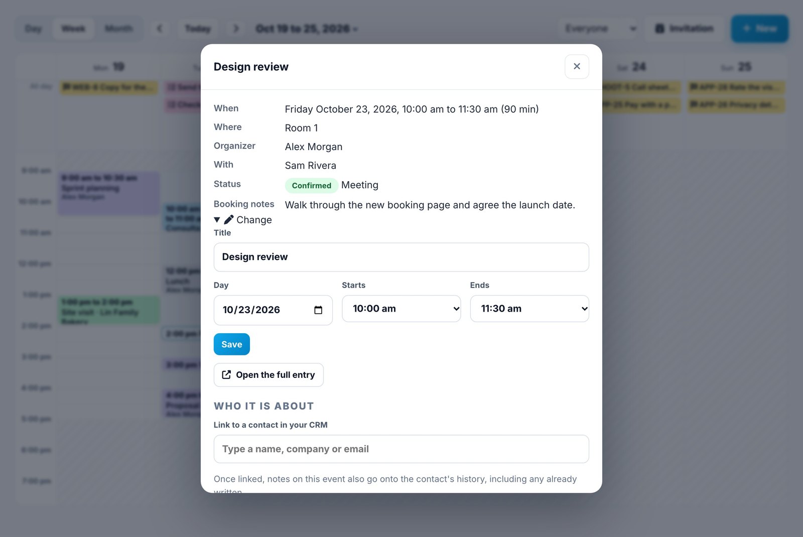 A meeting's details over the calendar: when, where, the organizer, who else is in it, and a Change section for the title, day and times