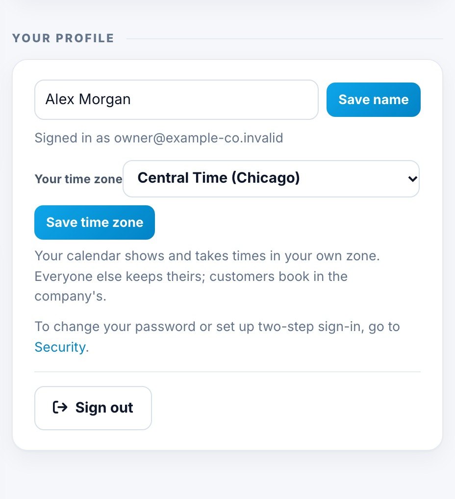 Your profile in Spotbookr Business, with a time zone set to Central Time