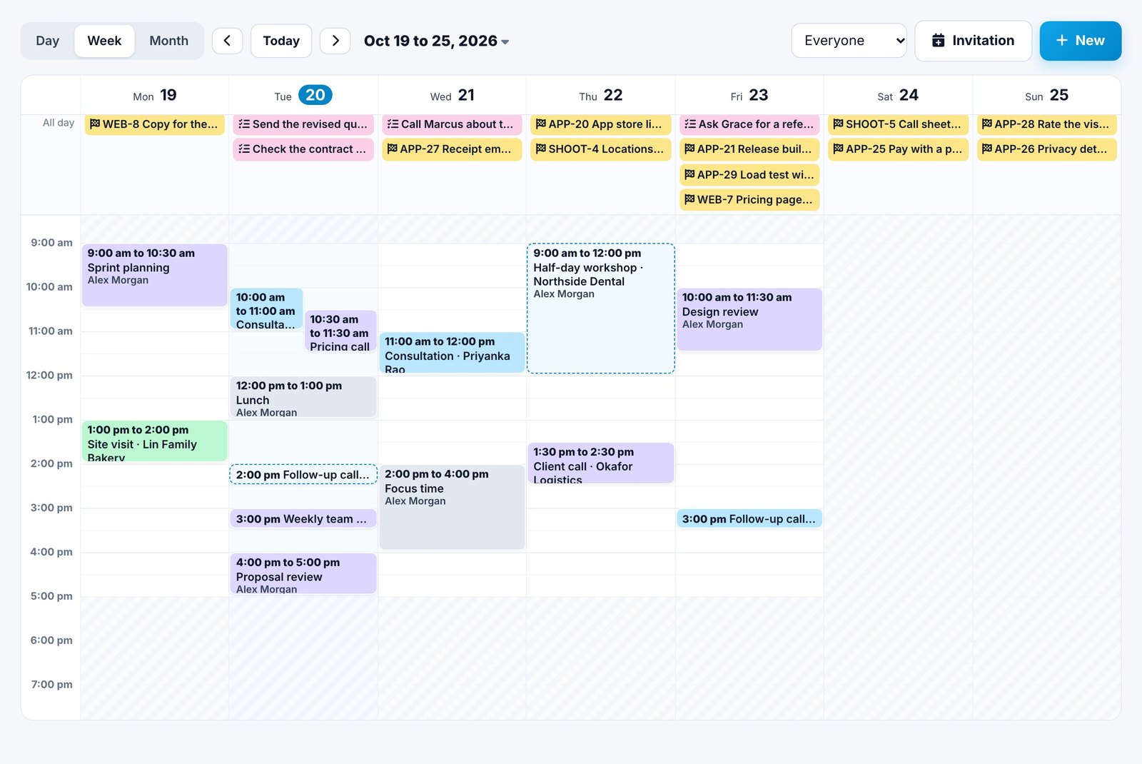 The week in Spotbookr Scheduling as a time grid: meetings, appointments, work sessions and blocked time at their real times, with two overlapping meetings side by side